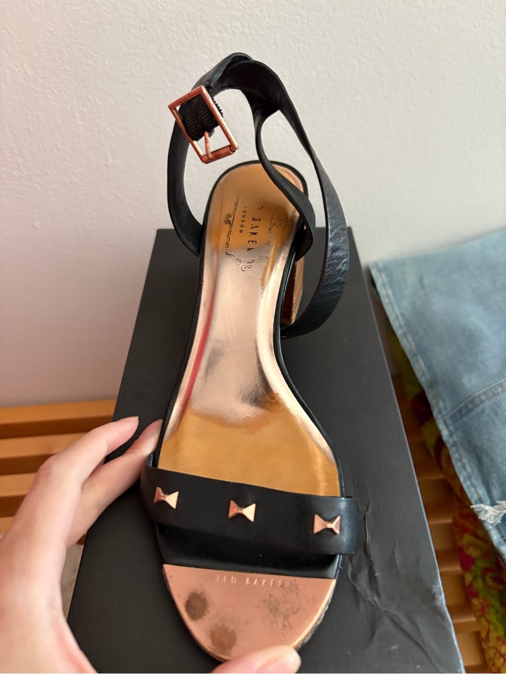 Ted Baker Black Sandals with Rose Gold Accents